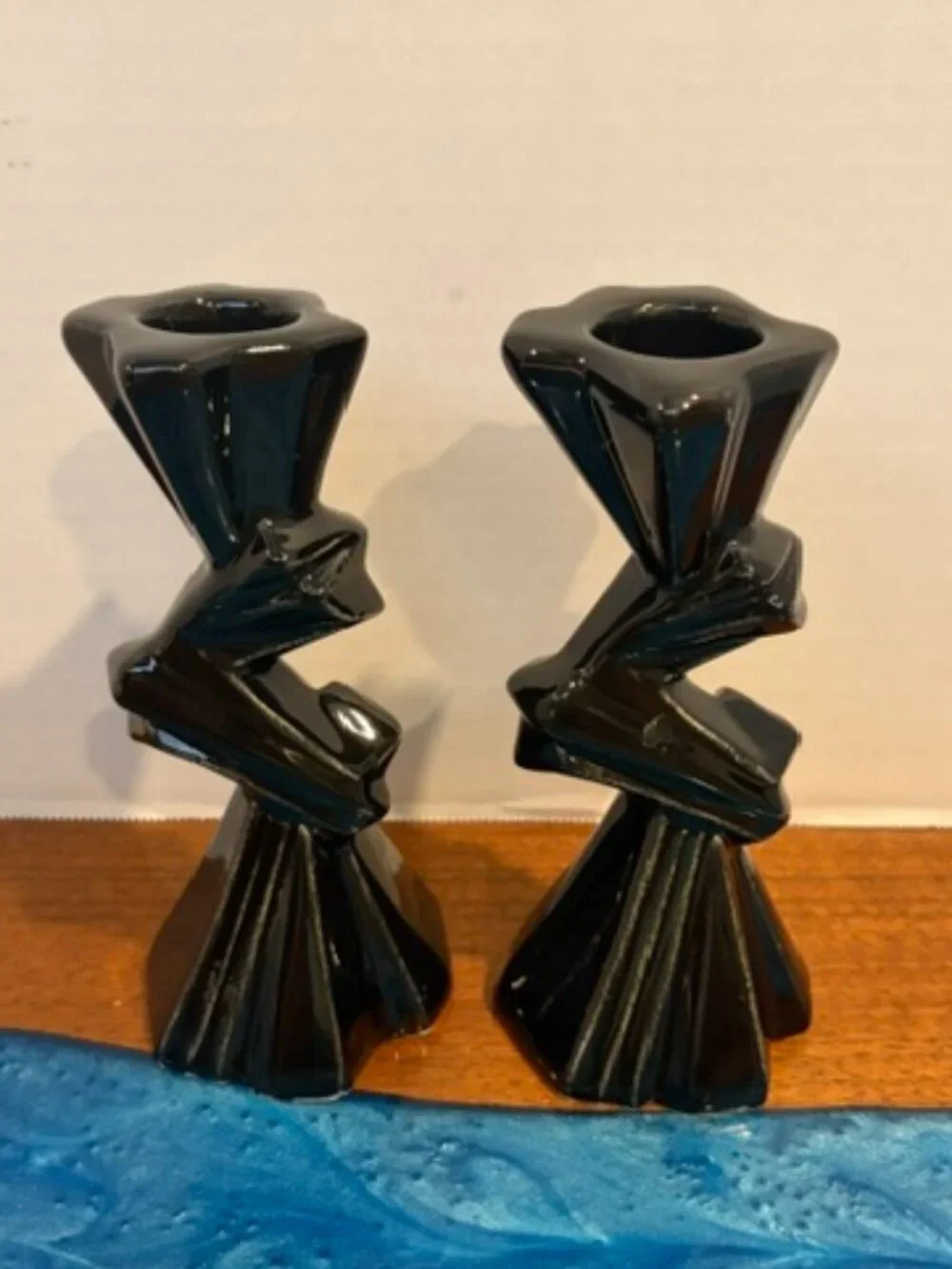Pair of Black Art Deco Geometric Ceramic Candlestick Holders